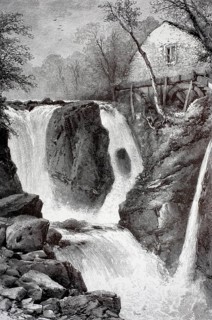 Pandy Mill and associated waterfall near Betws-y-Coed in North Wales, Wales, illustration,