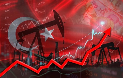 Oil production with Turkish flag, petrol industry. Oil pumps with Turkey flag