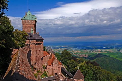 Hochkönigsburg with a view of the Rhine plain, Alsace, France