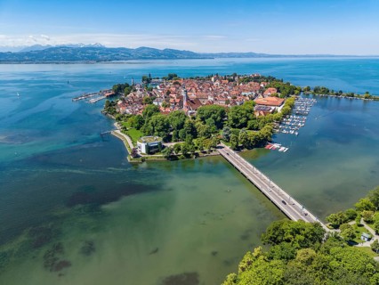 Aerial view of Lindau island in Lake Constance, the Swiss Alps on the horizon, Swabia, Bavaria,