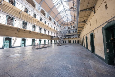 Extensive empty block with large glass roof, Kilmainham Gaol Prison, Dublin, Ireland