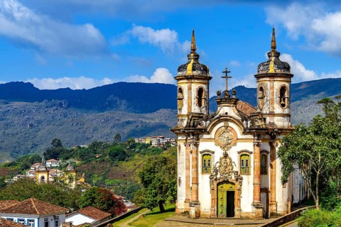 Mountains and Baroque churches in the historic city of Ouro Preto in Minas Gerais, Ouro Preto,