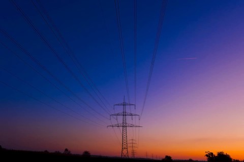 Transmission lines in front of sunset, power line, electricity, energy