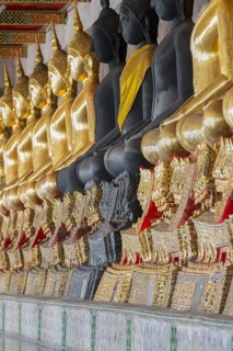 Gilded and black Buddha statues (Bhumispara-mudra: Buddha Gautama at the moment of enlightenment),
