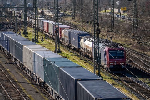 Container trains in the freight yard, so-called installation tracks in Duisburg-Rheinhausen,