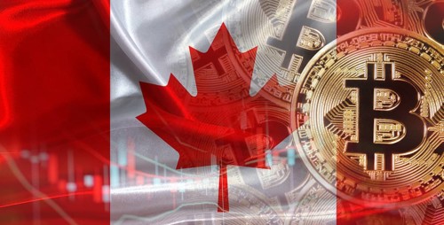 Bitcoin cryptocurrency with Canada flag, Investors in Blockchain Technology. Canadian flag with