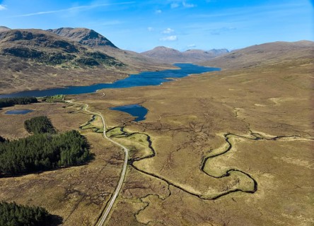 Panoramic aerial photo of the Highland landscape at Loch a Bhraion, Fainmore, Scotland, UK