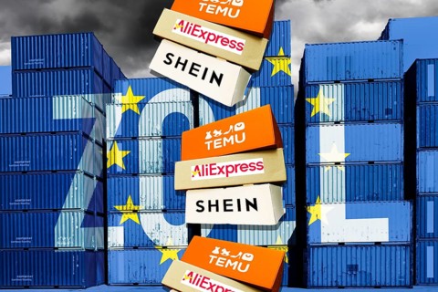 Packages from Chinese online retailers Temu, Shein and AliExpress in front of stacked containers