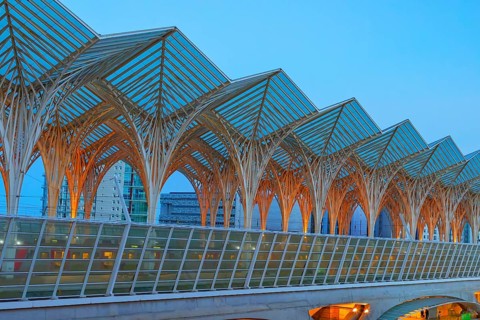 Oriente Railway Station at dusk, Parque das Naçoes, Lisbon, Portugal