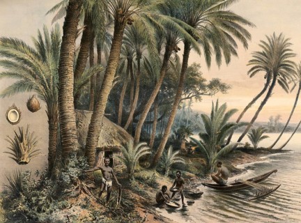 Tropical coastal landscape with coconut trees, a straw hut village and locals in a dugout canoe. On