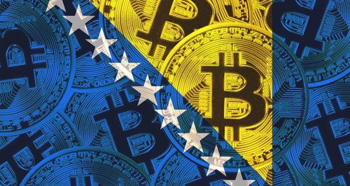Bosnian flag with Bitcoins in the background. Investors in cryptocurrency and Blockchain Technology