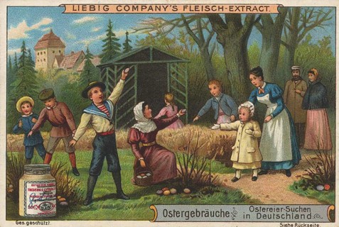 Picture series Easter traditions, idyllic scene of children and adults looking for or throwing