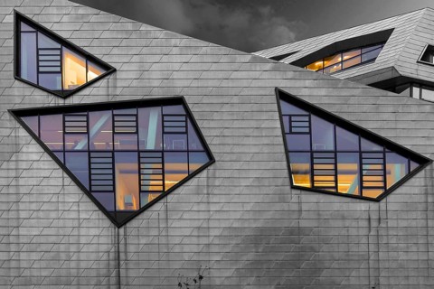 Detailed view of the modern university building by American architect Daniel Liebeskind, black and