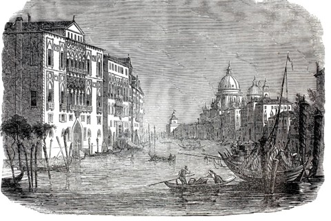 Grand Canal in Venice, Italy around 1880. In the background on the right rises the distinctive dome