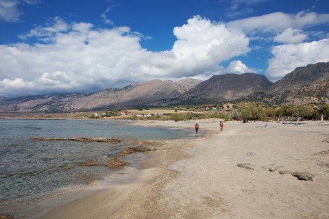 Beach in Frangokastello on the Libyan Sea, in the back the Leka Ori or White Mountains, Sfakia