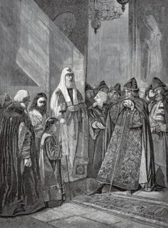 Historical scene in which Metropolitan Philip rebuked Tsar Ivan the Terrible. The scene shows the