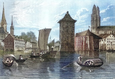 Zurich in 1870, Lake Zurich and city, Switzerland, illustration, reproduction from a model from the