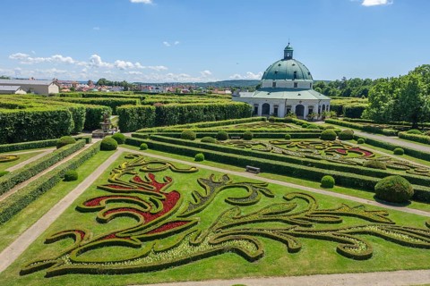 View of the flower garden and rotunda from the colonade, Kromeríž, Zlínský kraj, Czech Republic
