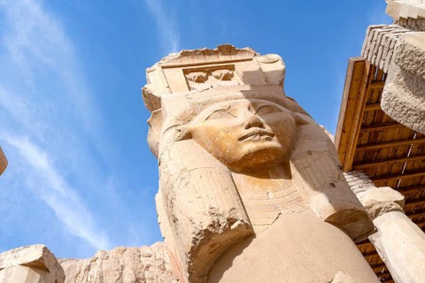 The Hathor capital columns, iconic ancient Egyptian pillars featuring the face of the goddess