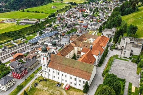 Aerial view of monastery Disentis, village Disentis, Switzerland