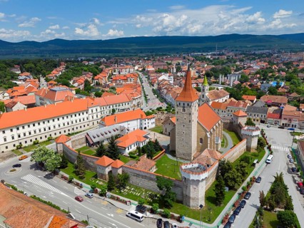 View of a city with a historic castle and red roofs framed by mountains and blue sky, aerial view,