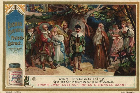 Picture series Der Freischütz, card showing the hermit asking for forgiveness for Max in the third