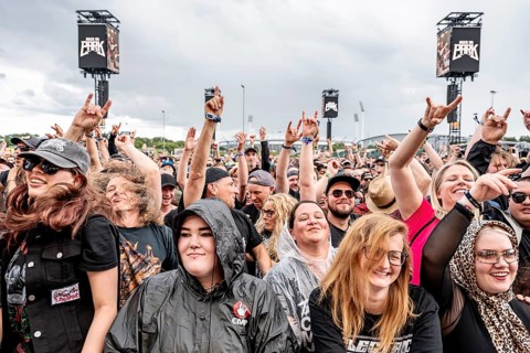 Festival visitors celebrate with Tom Morello at Rock im Park on Zeppelin Field in Nuremberg on 05