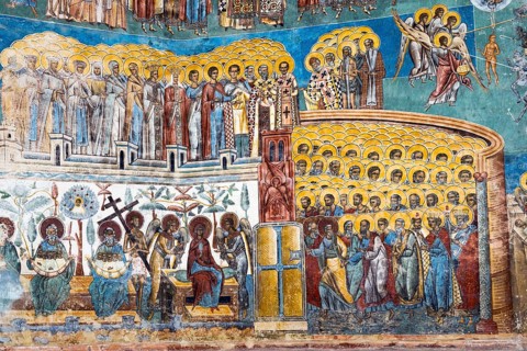 Close-up of a fresco with numerous holy figures and rich details, exterior view, Saint George