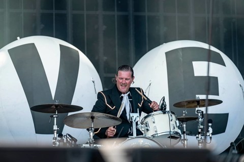 Drummer Christian Grahn from the Swedish rock band The Hives live on the Utopia Stage during the