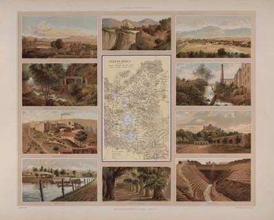 Map of Mexico surrounded by images of the country's landmarks, illustration, reproduction from a
