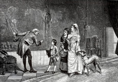 The heroic deeds of the ancestor. An elderly man in 18th century garb points with a guide staff at