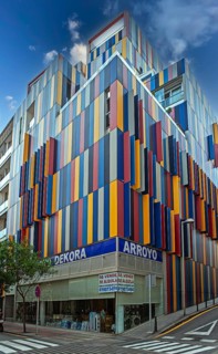 Pret-a-porter colorful building in Royal street downtown Ceuta, Spain, North Africa