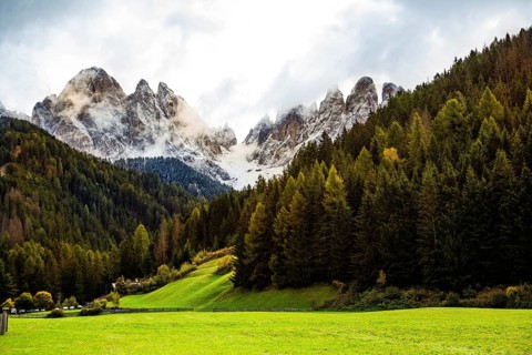 Landscape with green area, thick forests and majestic mountains, partly covered with snow, cloudy
