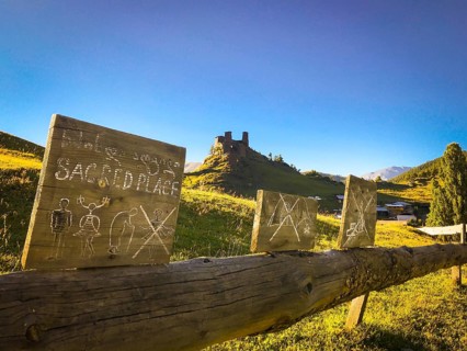 Sacred place with signs No woman in Upper Omalo. Tusheti national park sightseeing historical