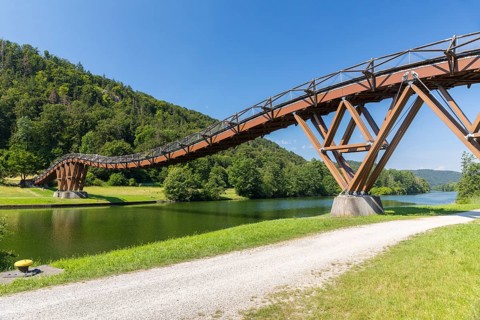 Wooden bridge near Essing, called Tatzelwurmbrücke, spannbandbrücke over the Main-Danube Canal,