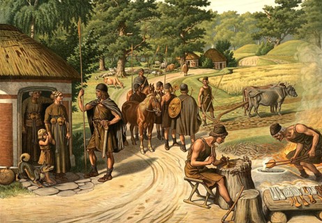 A scene from the European Bronze Age (c. 2200–800 BC), depicting various aspects of daily life.