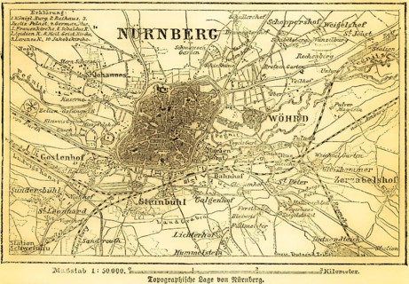 City map of Nuremberg and surrounding area, Pegnitz, Ludwigs Canal, villages, roads, railroad,