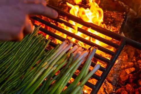 Person cooking healthy green vegetables, asparagus and spring onions, on a metal grill grate over