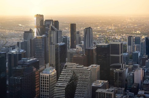 Australia scenic Melbourne downtown skyline panorama near Yarra River and financial business center