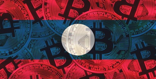 Laotian flag with Bitcoins in the background. Bitcoin cryptocurrency with Laos flag, Investors in