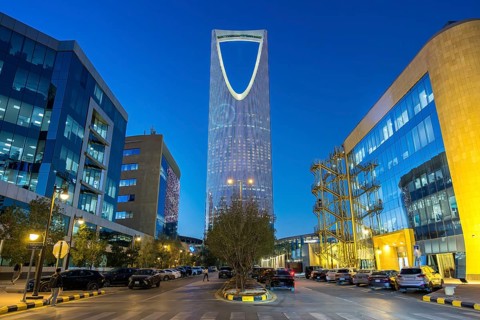Riyadh Skyline Kingdom Centre Tower skyscraper at night in Riyadh, Saudi Arabia
