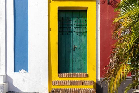 Detail of a green wooden door and brick steps against a vibrant yellow wall with colorful colonial