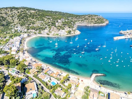 Port de Soller in Majorca Aerial view from above Seaside Beach Marina with boats Trip in Spain