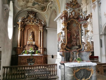 Interior and altar of the monastery church, Mönchsdeggingen Abbey, former monastery of the