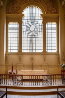 Interior view of the new East Window, east window, designed by Shirazeh Houshiary, altar, St