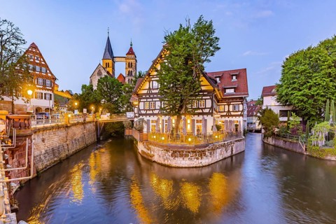 Neckar canals in the old town of Esslingen. Confluence of the Roßneckar Canal and the Wehrneckar