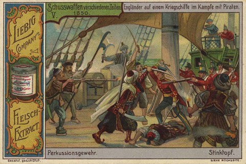 Series of pictures of firearms from different times, Englishmen fighting pirates on a warship in