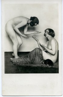 Nude, two woman, Berthe Krull, woman of Kurt Hübschmann, posing without clothes on a simple