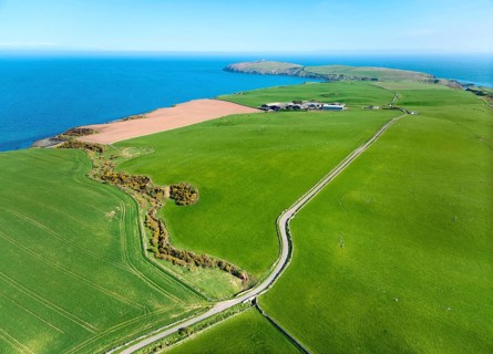 Aerial photo of the agricultural pasture landscape at the atlantic coast on the Mull of Galloway,