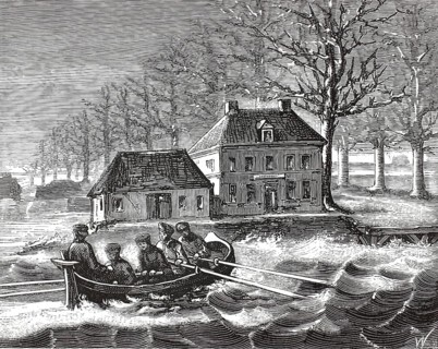 Historical depiction of the riverbank region of the Rupel river in Belgium, in the immediate